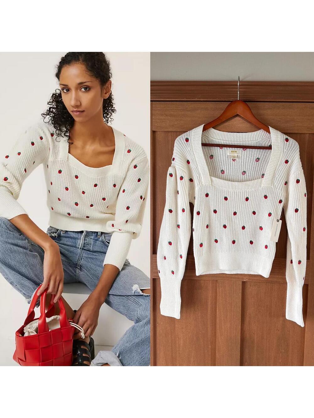 NWT Anthropologie Maeve Ivory Strawberry Embroidered Pullover Sweater Women’s XS
